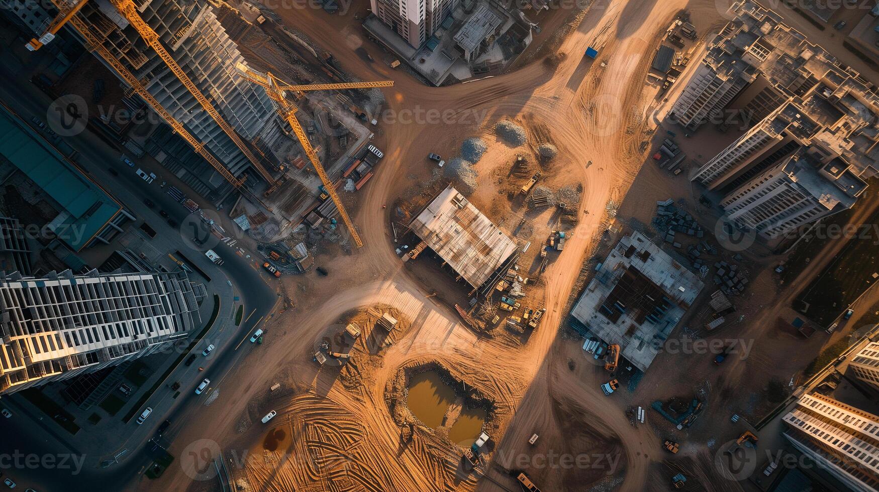 AI generated The aerial image captures the bustling activity of a construction site surrounded by buildings during the golden hour of dusk. photo