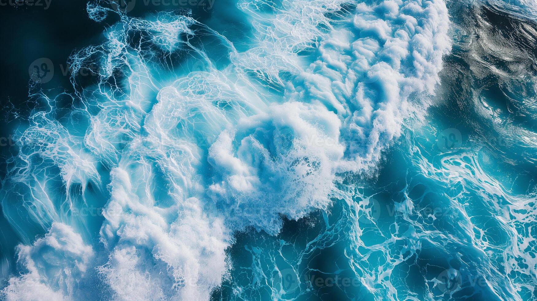 AI generated Aerial view capturing the intricate patterns of foam and waves in the turquoise ocean, creating a beautiful natural abstract. photo