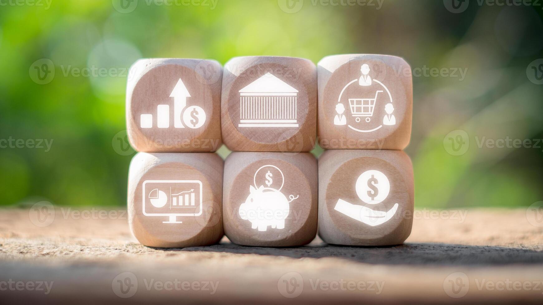 Inflation concept, Wooden block on desk with inflation icon on virtual screen. Goods, Supply and Demand, Scarcity, Price Increase, Purchasing Power, Investment, Economics, Depreciation. photo