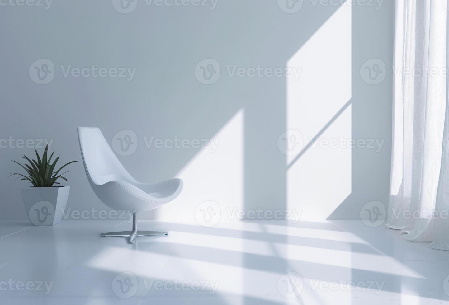 AI generated Elegant minimalist white room with a sleek modern chair, vibrant potted plant, and soft natural light casting shadows. photo