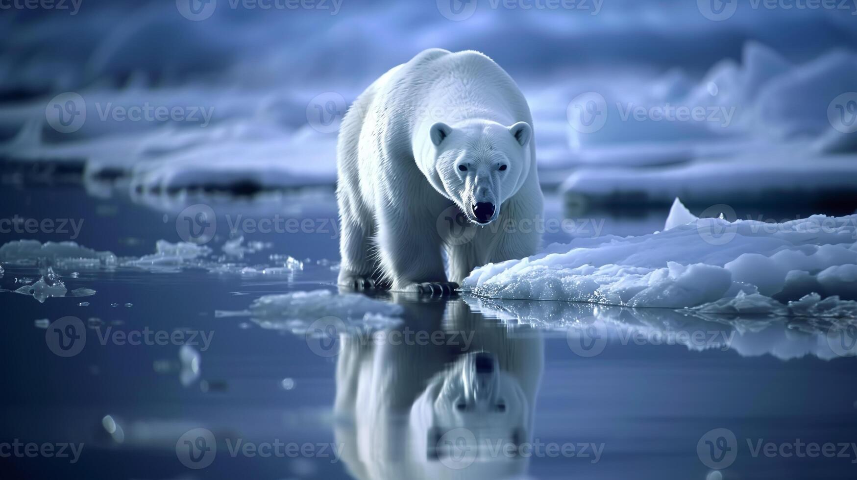 AI generated Polar bear walking on Arctic ice, climate change concept, wildlife photography, icy landscape backdrop photo