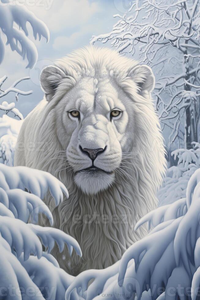 ai generado retrato de un blanco masculino león en un Nevado ambiente, ai generado foto