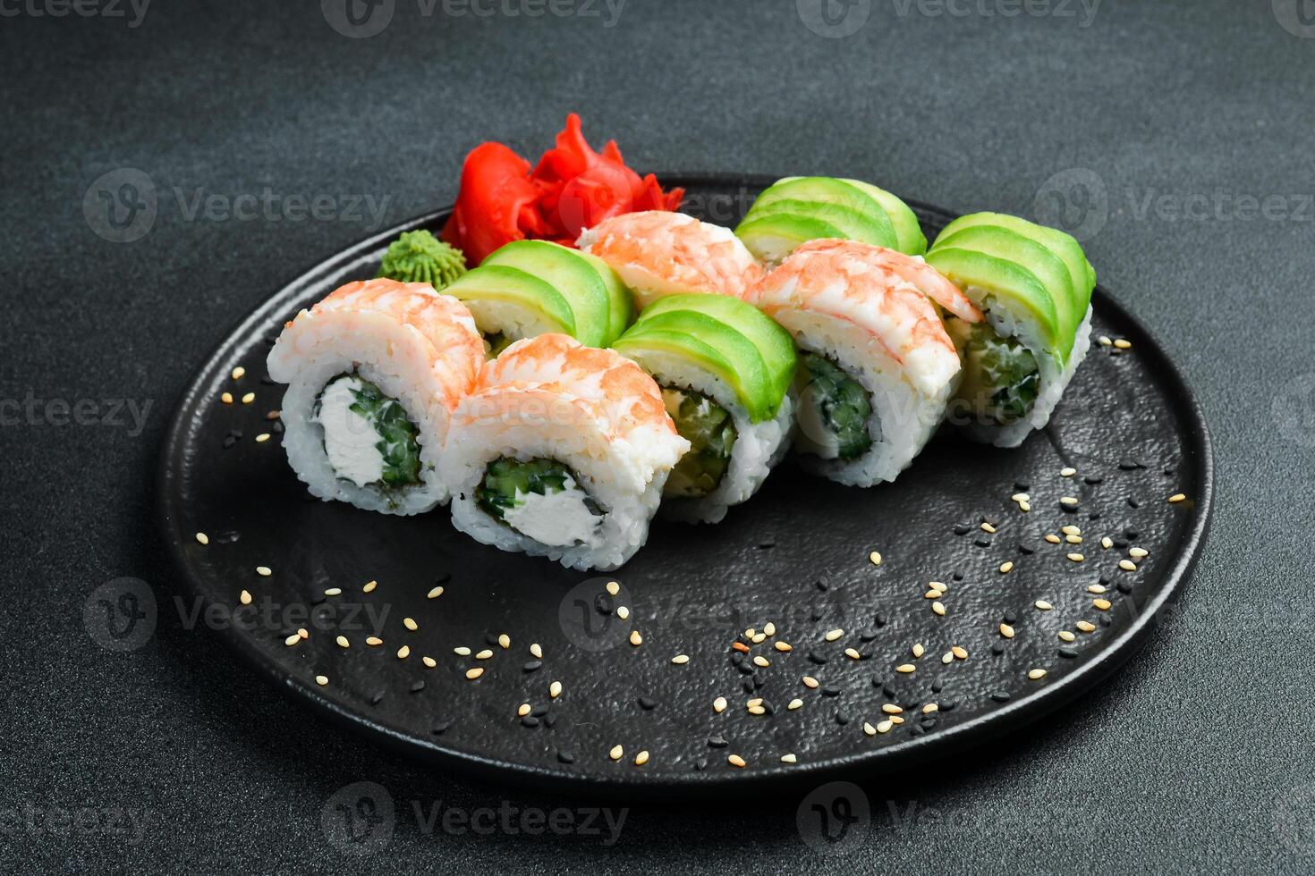 Sushi roll set with shrimp, avocado and cream cheese Philadelphia. Asian cuisine. Top view. Free space for your text. photo