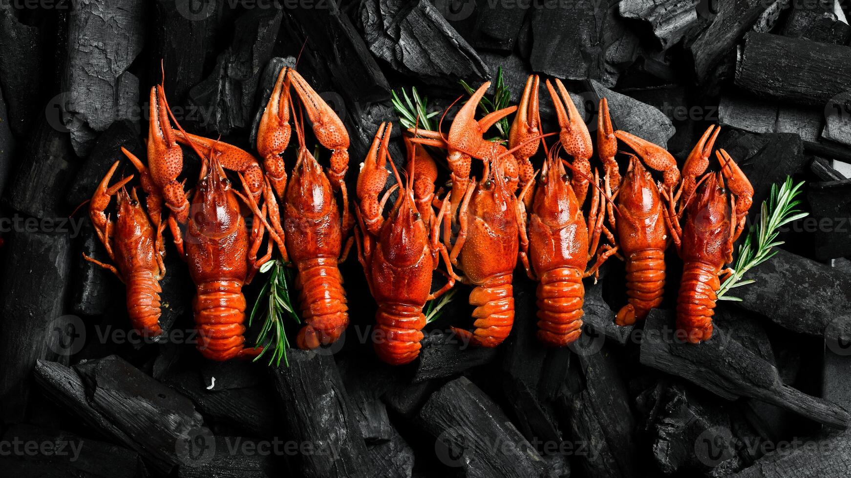 Hot spicy boiled crayfish on hot charcoal. On a charcoal background. Free space for text. photo