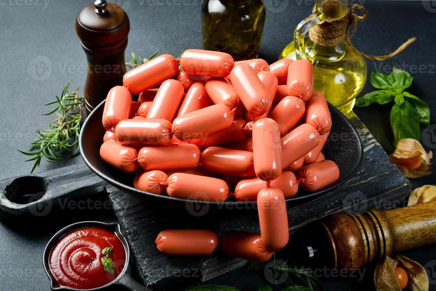 Classic boiled meat sausages pork, beef or chicken ready to eat. On a plate. Top view. On a black stone background. photo