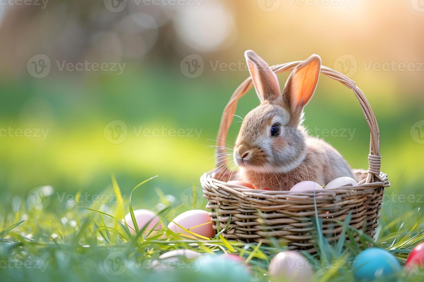 AI generated Little Bunny In Basket With Decorated Eggs - Easter Card photo
