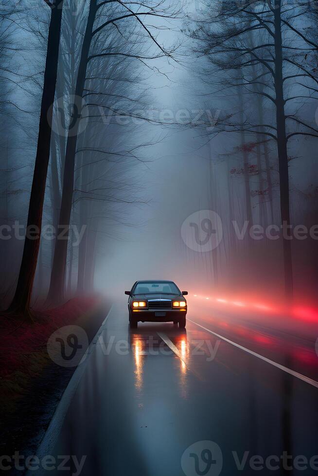 AI generated A car with red lights is driving down a foggy road at night. ai generative photo