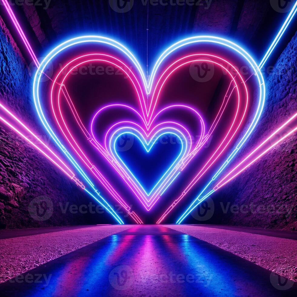 AI generated A tunnel with a heart-shaped neon light at the end, surrounded by a circular neon frame. ai generative photo