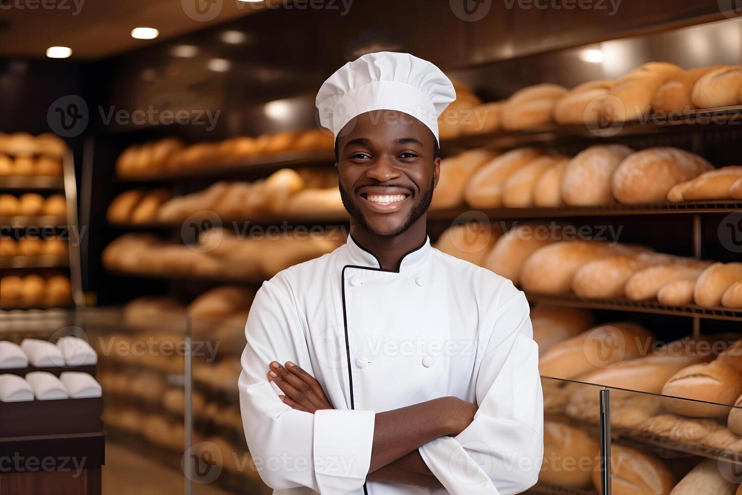 AI generated A smiling baker standing with fresh bread in a bakery. A happy African man standing with his arms crossed at the counter in a bakery store photo