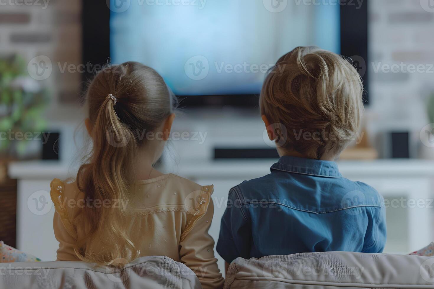 AI generated Rear view of a child watching TV. photo