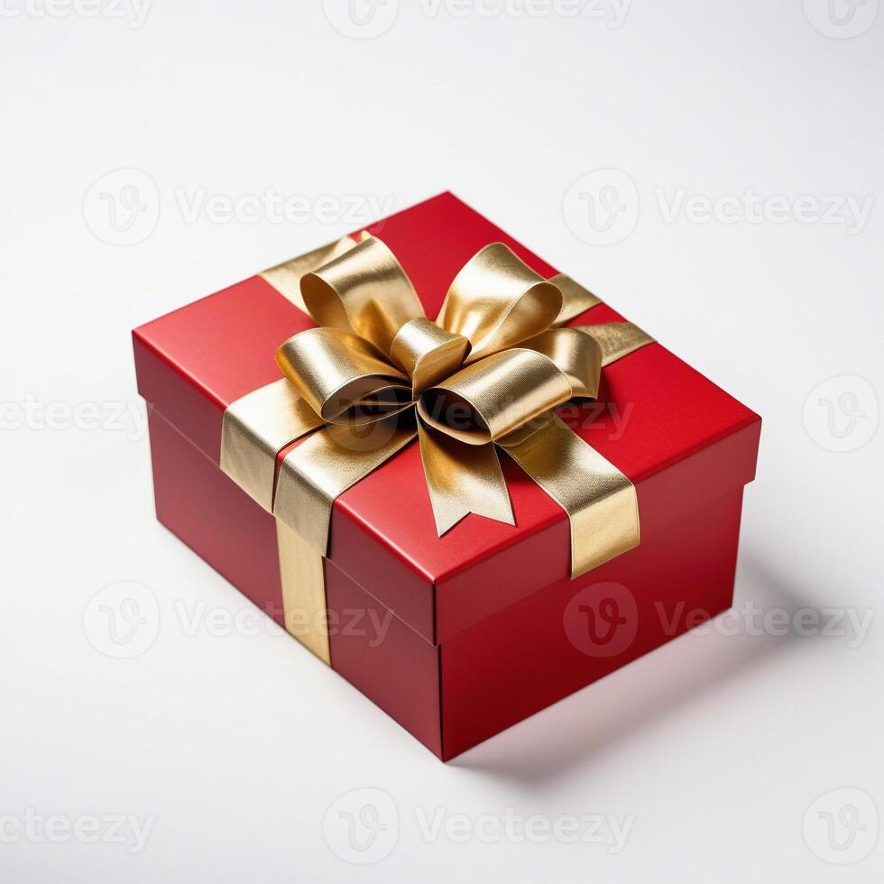 AI generated a red box with a gold bow on it, gifts, red color theme, on a white background. ai generative photo