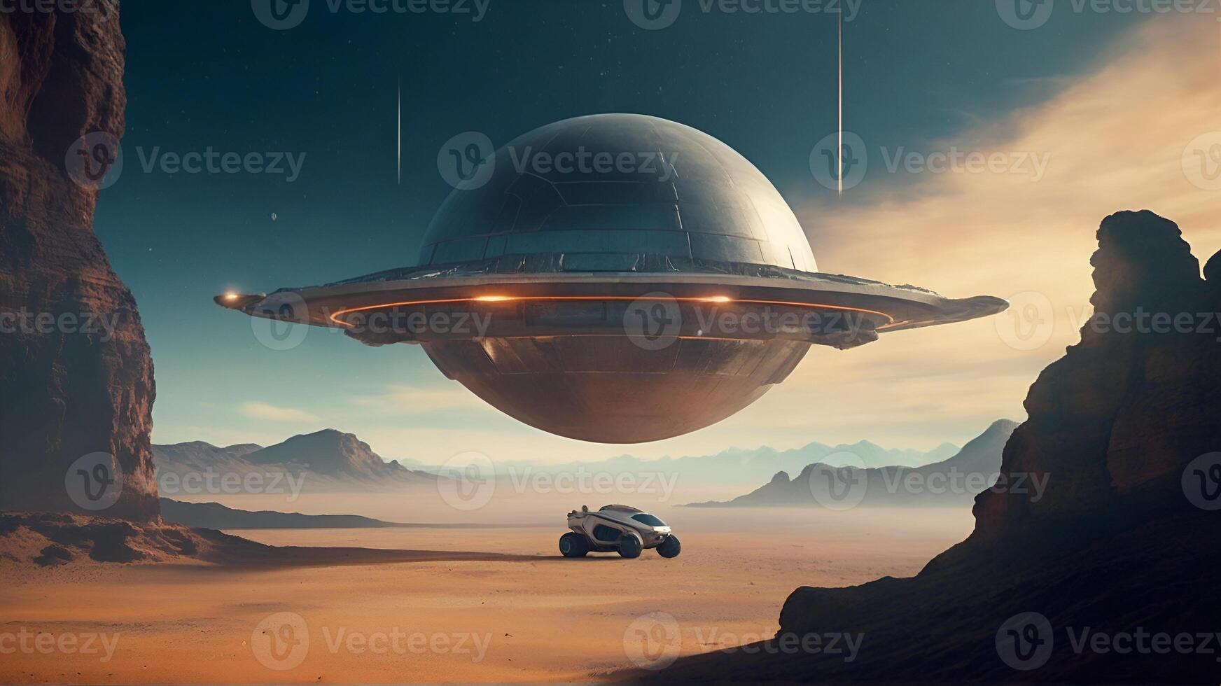 AI generated A spaceship hovers over a desert landscape with a single figure standing below. The sky is filled with the image of planets. ai generative photo