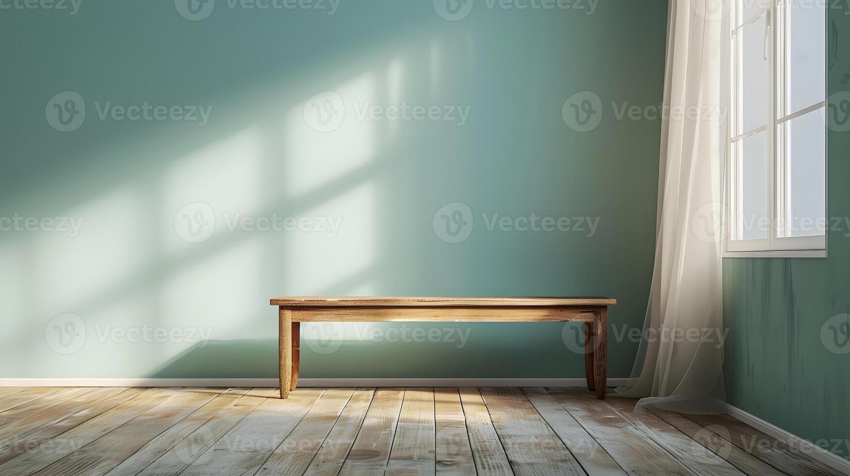 AI generated An empty wooden bench standing against a wall with a window, hard shadows, minimalism in design. photo