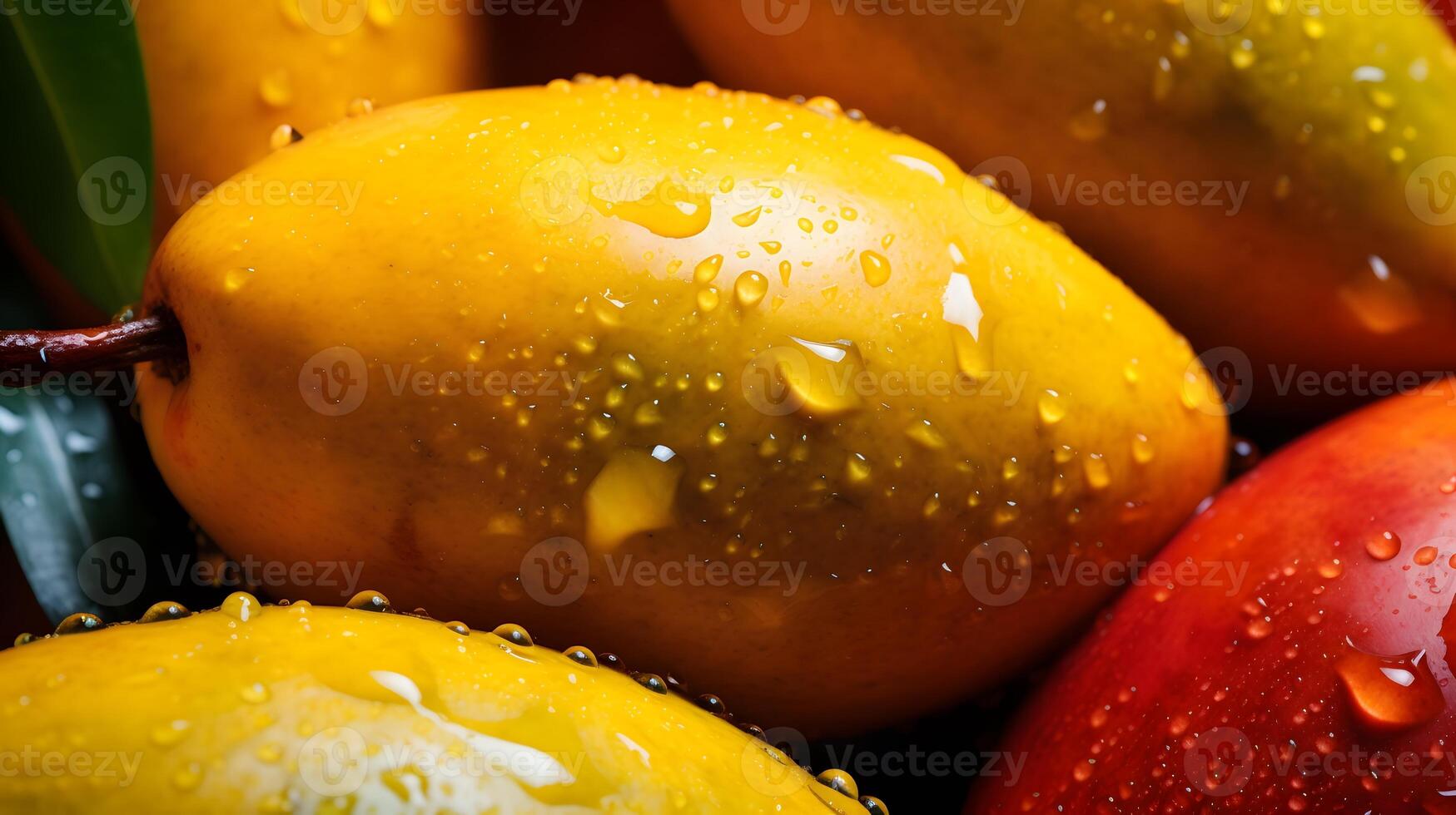 AI generated Mango. Tropical Fruits. On a wooden background. Top view. photo