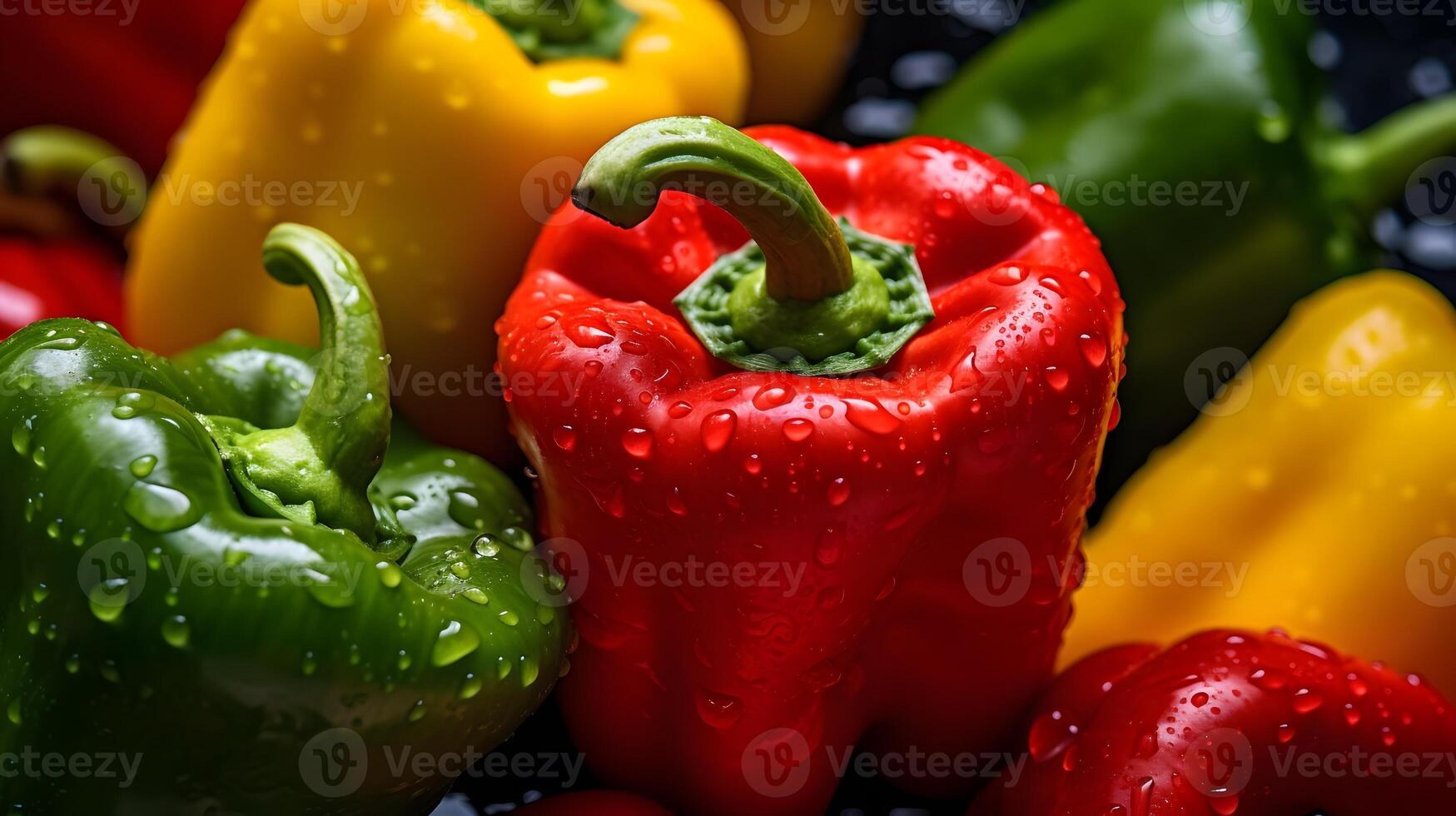 AI generated Colorful green , red and yellow peppers paprika background with drops of water, close-up. photo
