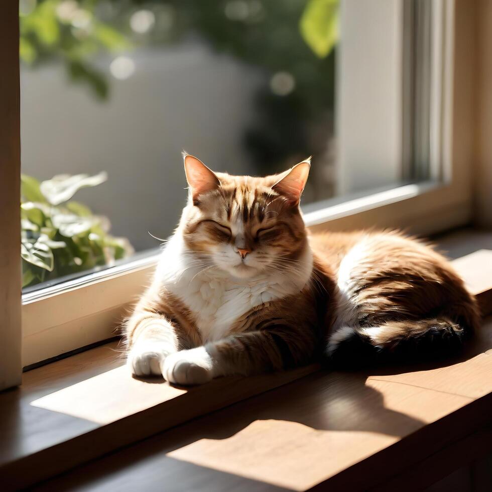 AI generated cat taking a nap on a sunlit window ledge, in warm natural light with a view of a peaceful outdoors. ai generative photo