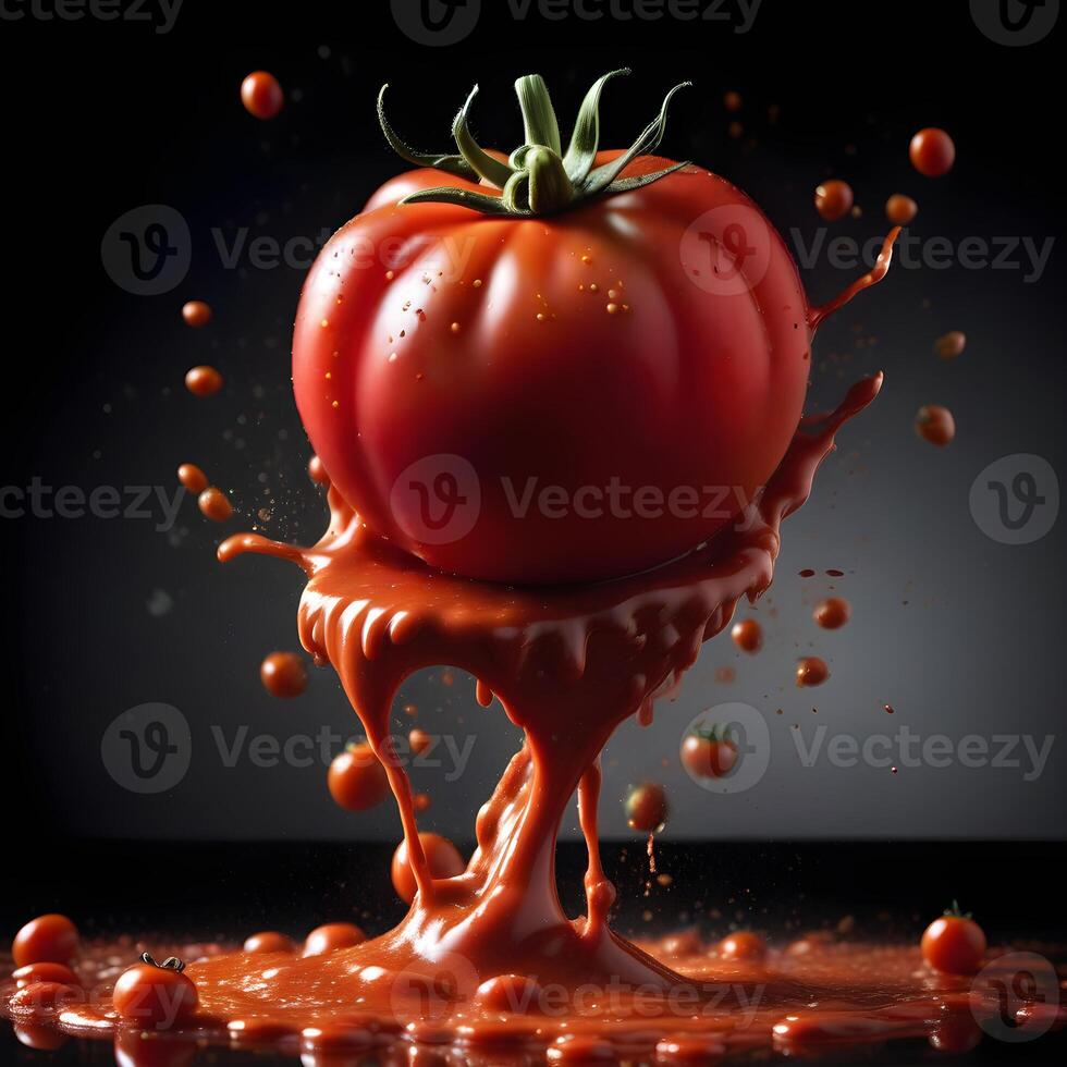 ai generado un tomate en el centrar con un salpicar de tomate salsa alrededor él. ai generativo foto