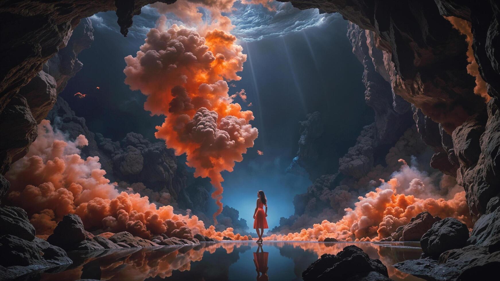 AI generated A woman stands in a cave filled with colorful smoke. She looks up at a floating, colorful cloud. ai generative photo