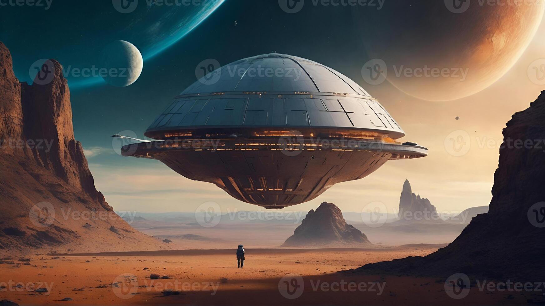 AI generated A spaceship hovers over a desert landscape with a single figure standing below. The sky is filled with the image of planets. ai generative photo