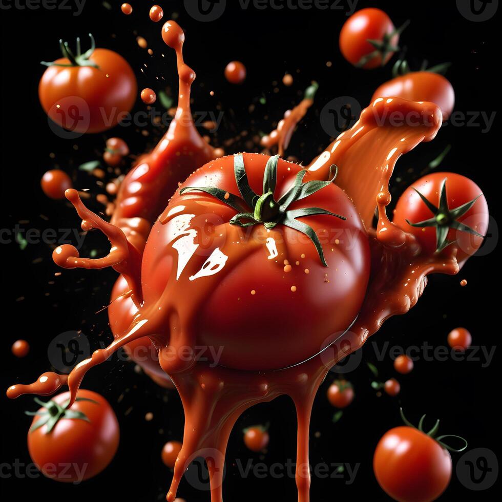 AI generated a tomato in the center with a splatter of tomato sauce around it. ai generative photo