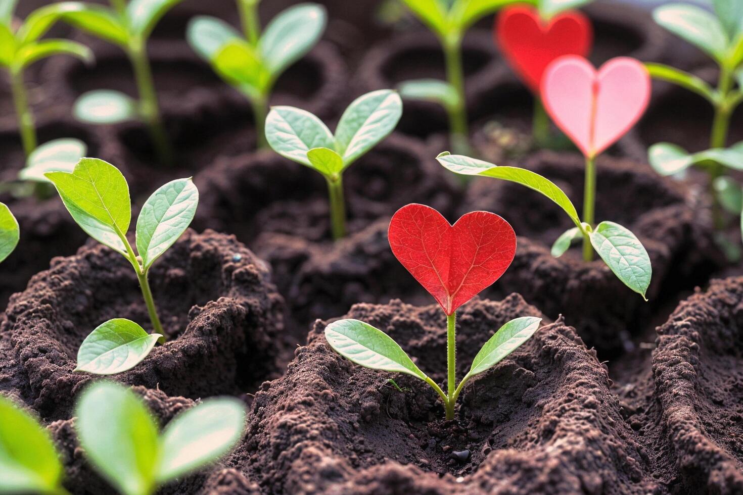 ai generado un jardín con múltiple plántulas y un corazón forma en el primer plano. ai generativo foto