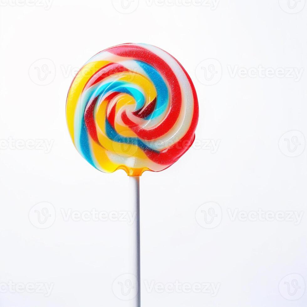 AI generated A colorful lollipop with a white stick, sitting on a white background. ai generative photo