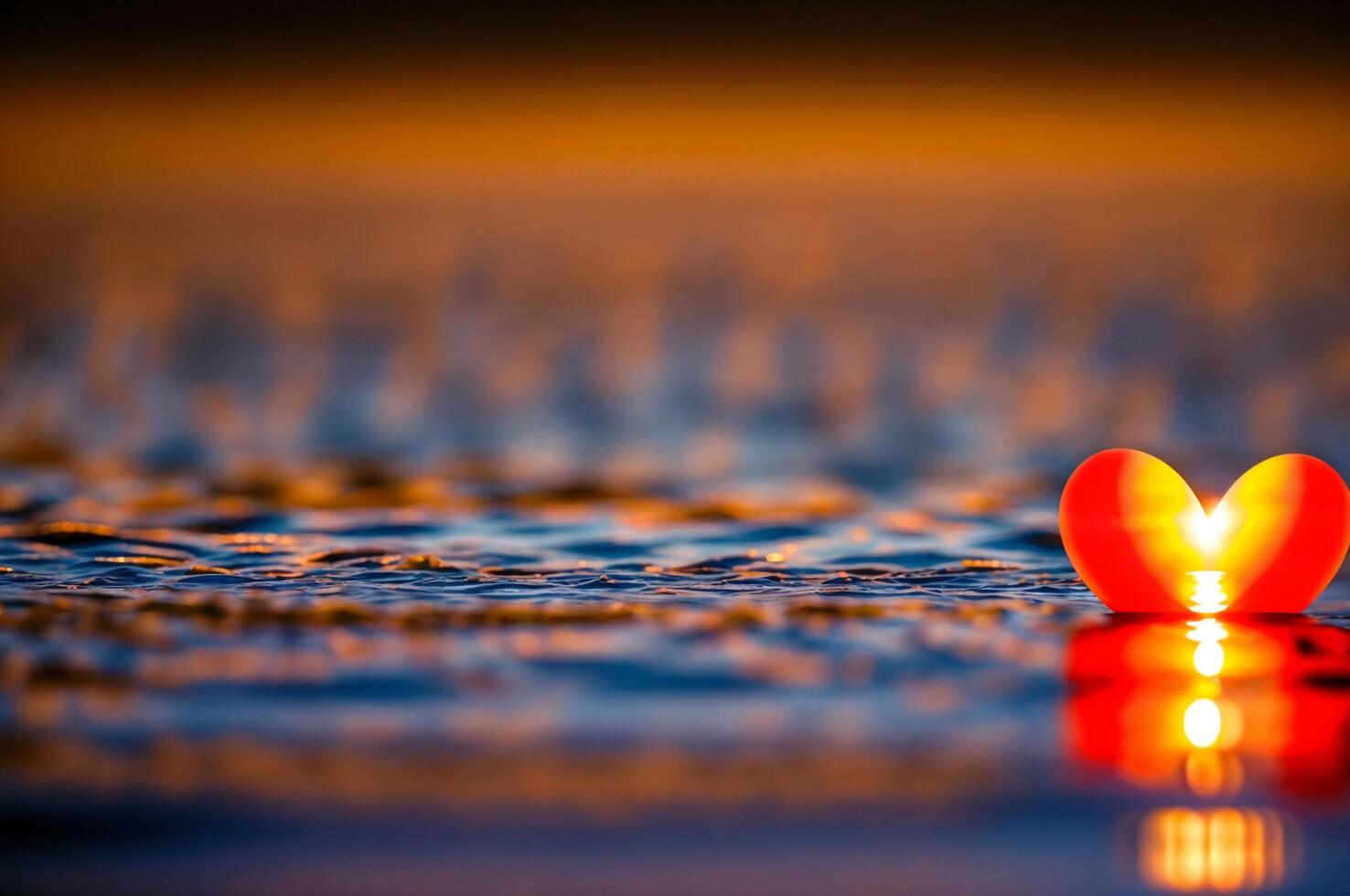 AI generated object heart-shaped glowing warm light Floating on a puddle of water, the light reflects on the surface of the water. ai generative photo
