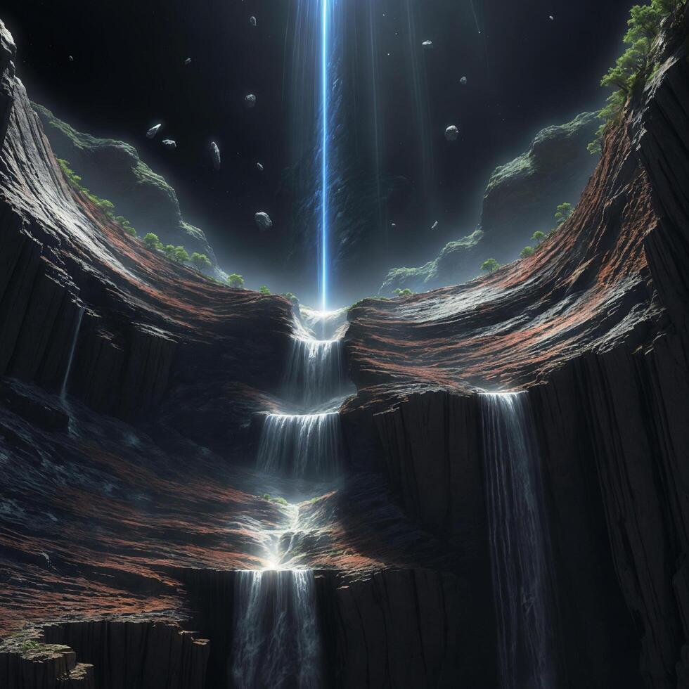 AI generated A dark, rocky landscape with a waterfall pouring in from the top. ai generative photo