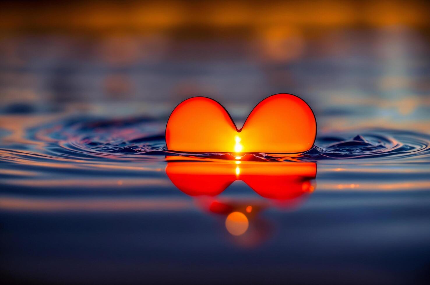 AI generated object heart-shaped glowing warm light Floating on a puddle of water, the light reflects on the surface of the water. ai generative photo