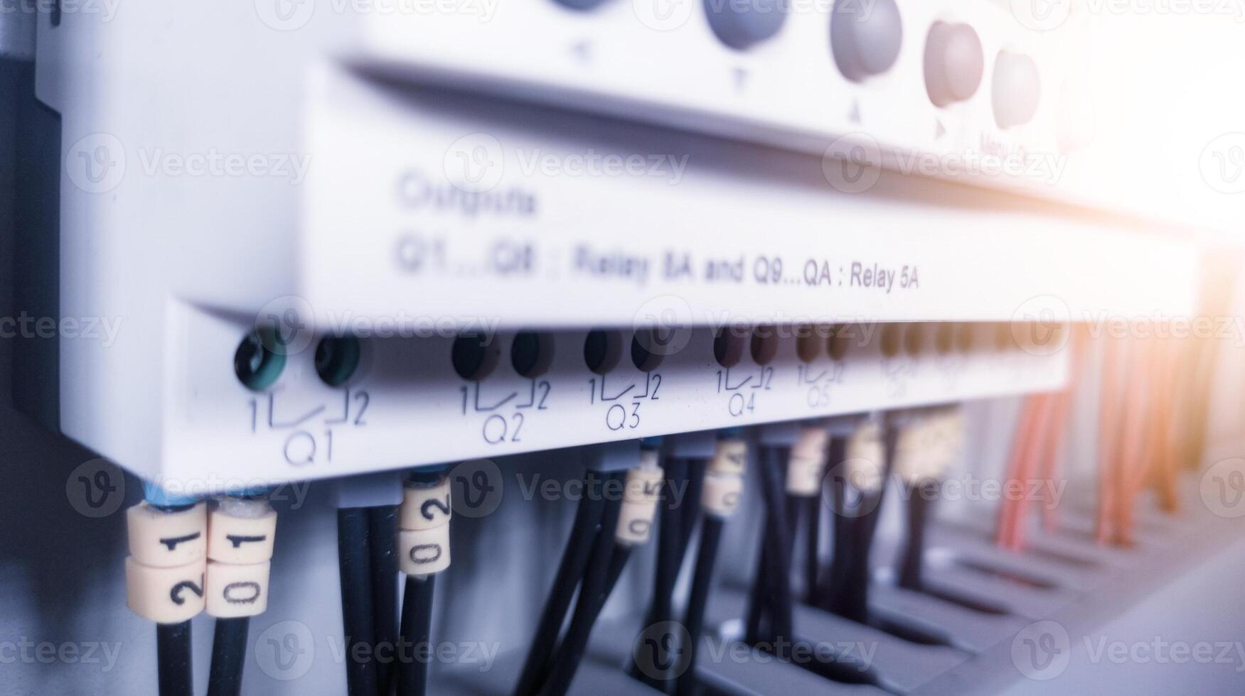 Wiring cables connection terminal control electrical with a have tag number. Electrical circuit technology background concept. photo