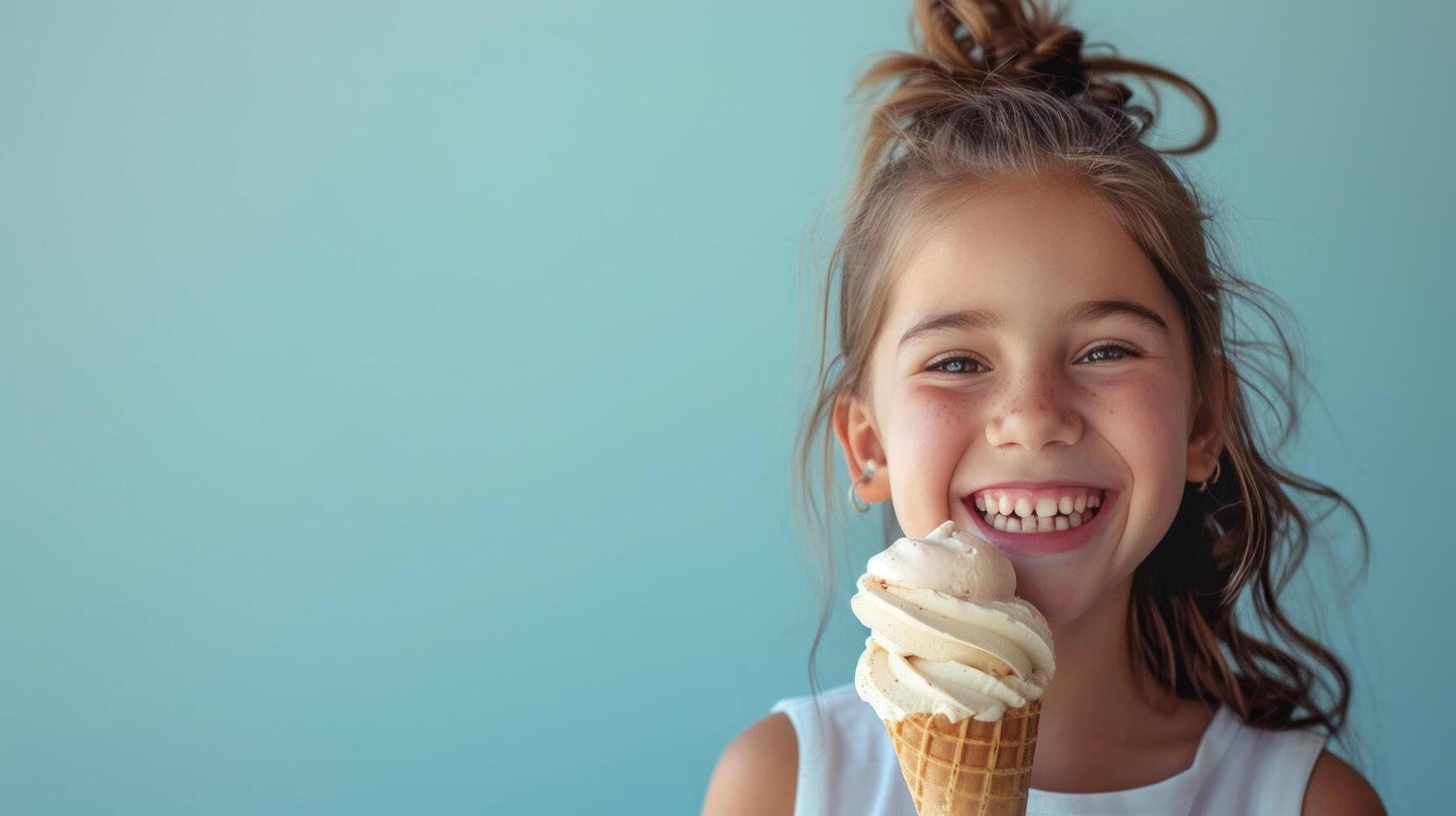 AI generated A carefree girl with an ice cream cone, her happy grin adding charm to the frame photo