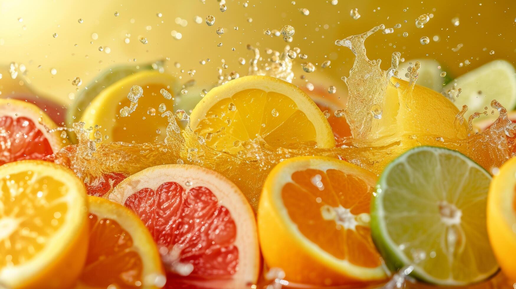 AI generated A burst of citrus colors and splashes, capturing the essence of refreshing fruit juices photo