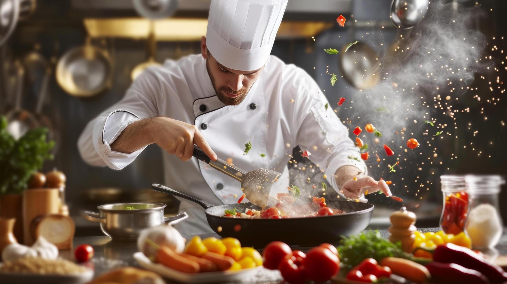 AI generated A detailed capture of a chef passionately cooking, with ingredients and kitchen utensils in motion photo