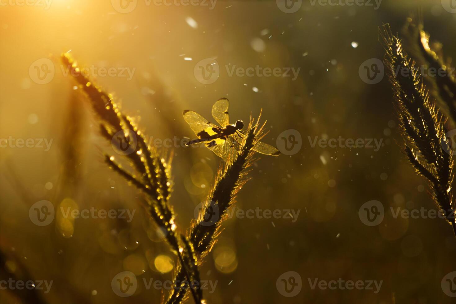 silueta flor césped y libélula foto