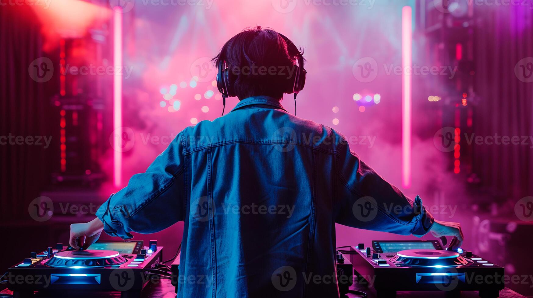 AI generated Back view of a DJ mixing tracks with headphones on at a neon-lit club party photo