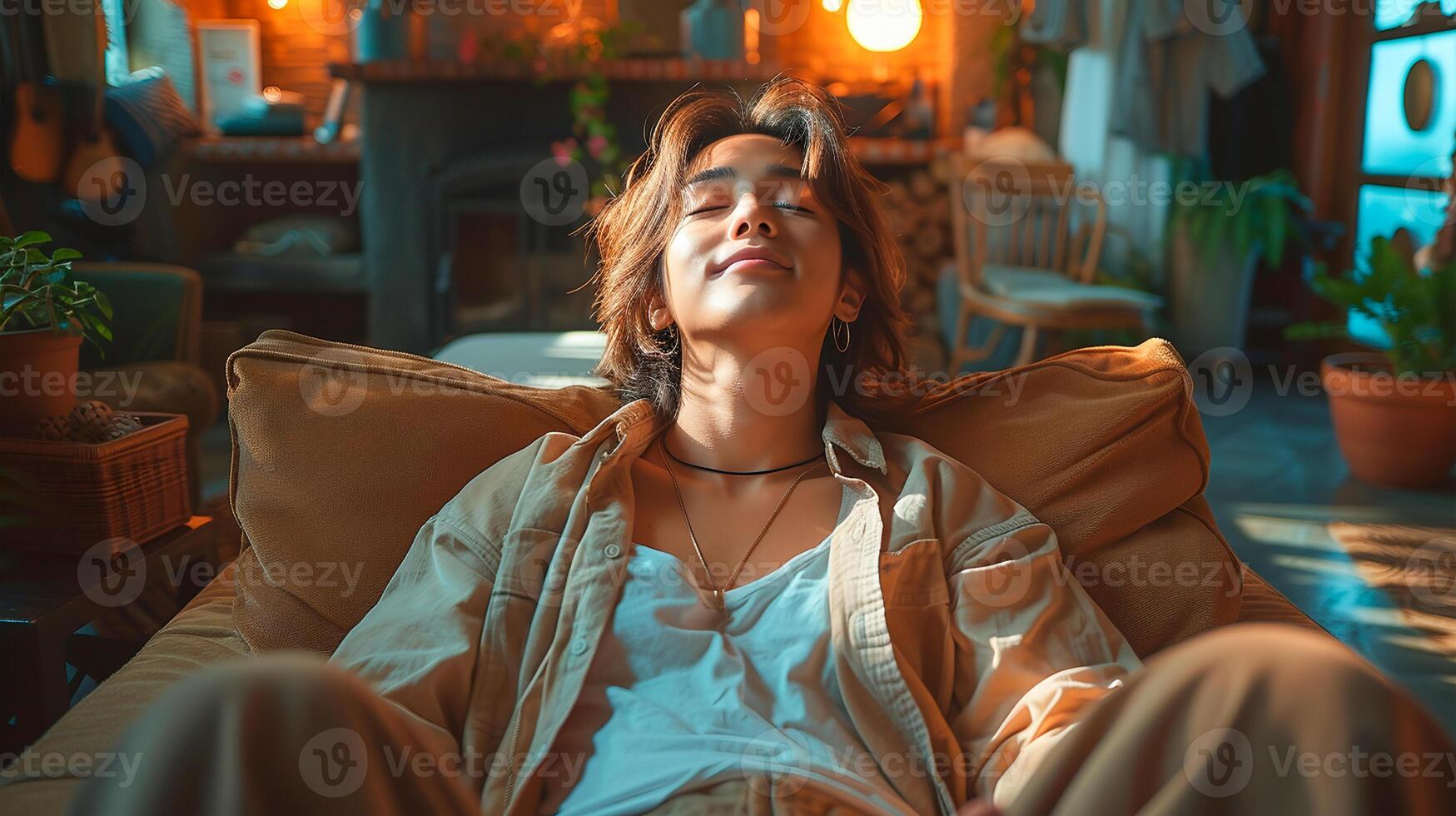 AI generated A serene young individual reclines peacefully in a cozy and warmly lit living space photo
