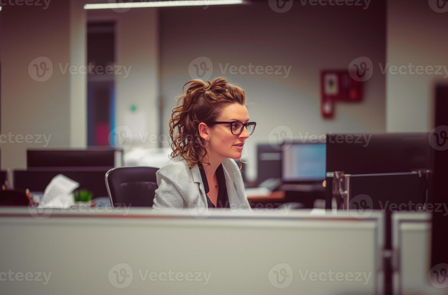 AI generated Focused businesswoman with glasses working on a computer in a quiet office environment at night photo