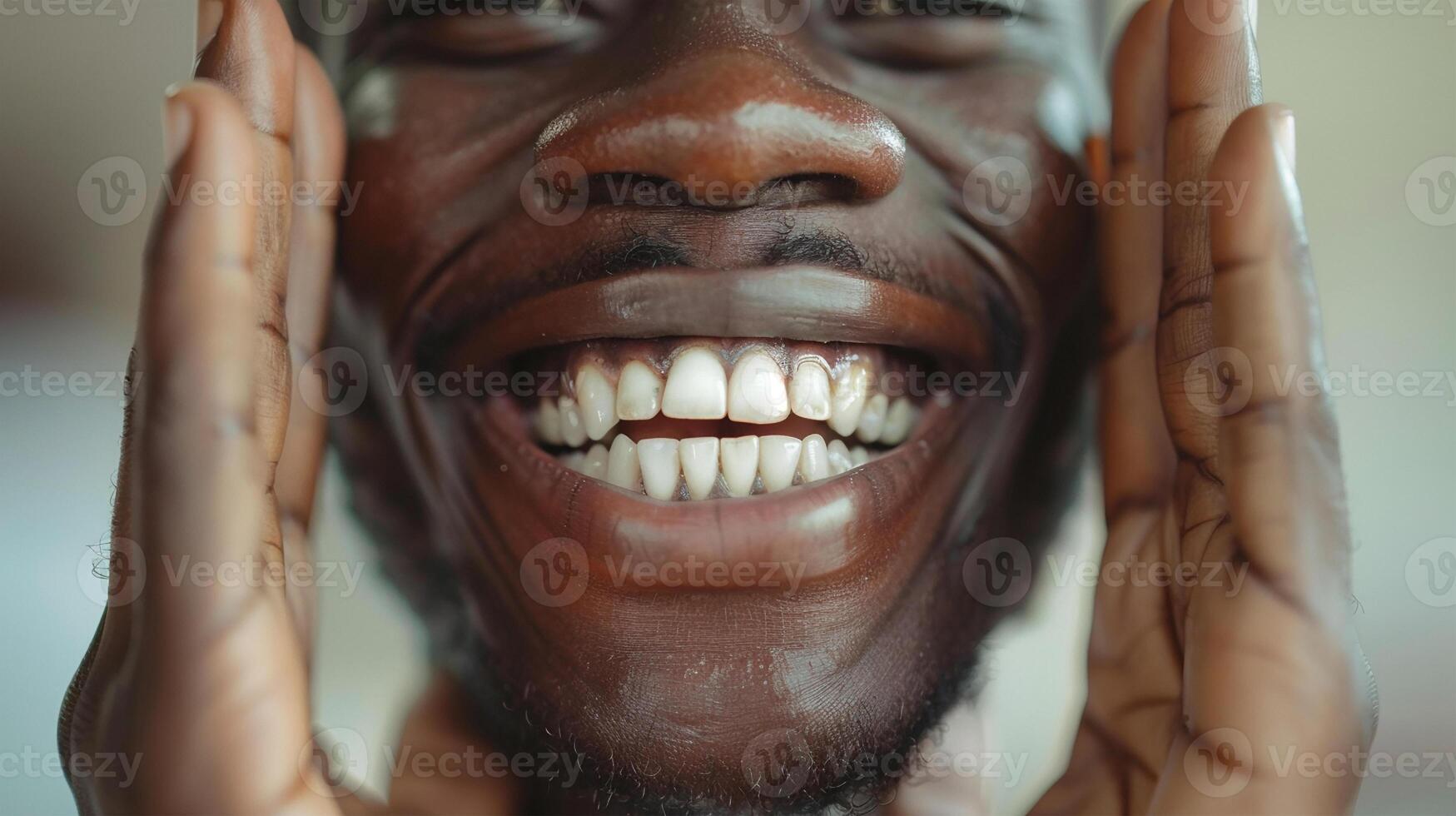 ai generado un de cerca retrato de un alegre africano hombre sonriente con manos cerca rostro. foto