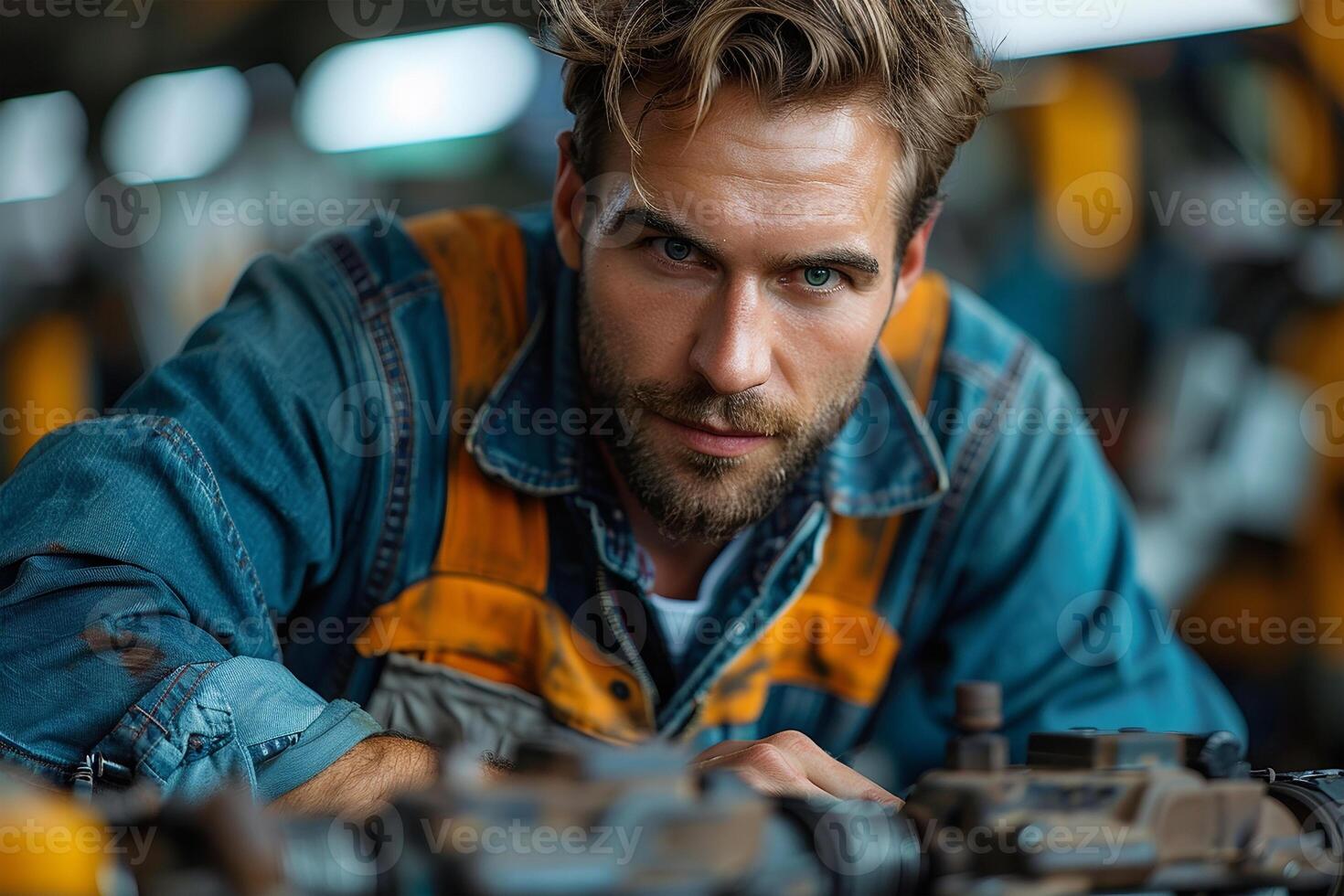 ai generado concentrado masculino mecánico examina máquina componentes en un bien equipado taller. foto