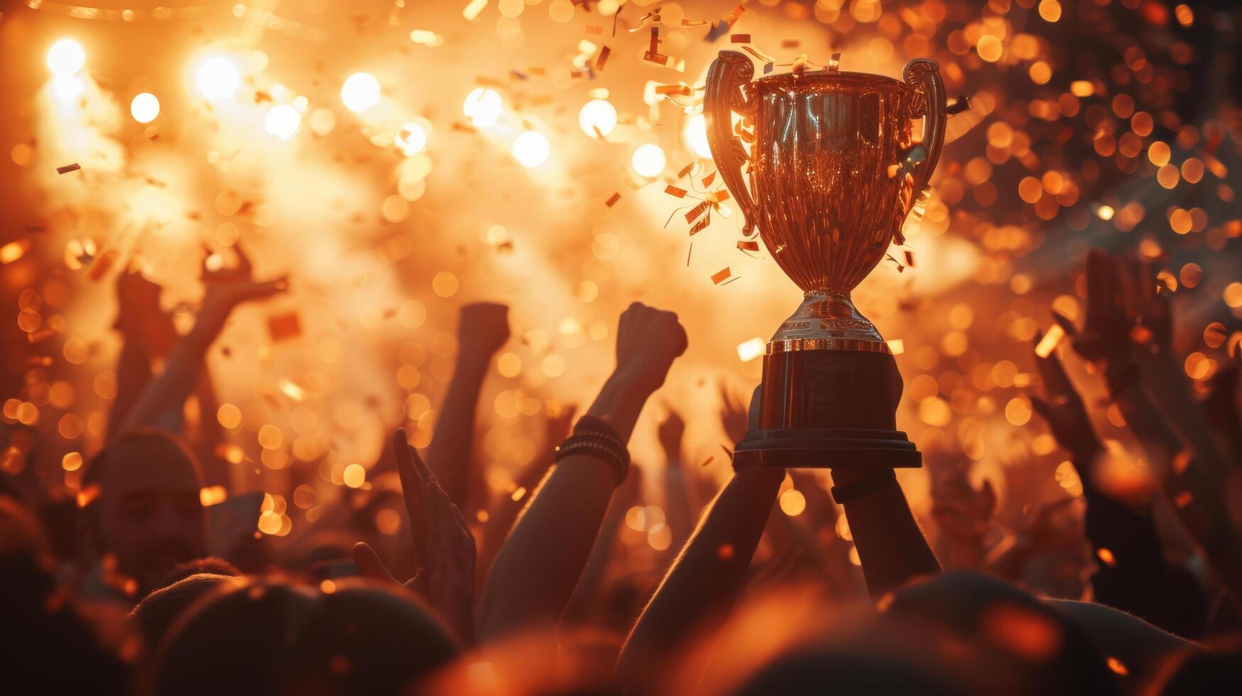AI generated A Crowd Celebrating Victory with a Gold Trophy large copyspace area photo