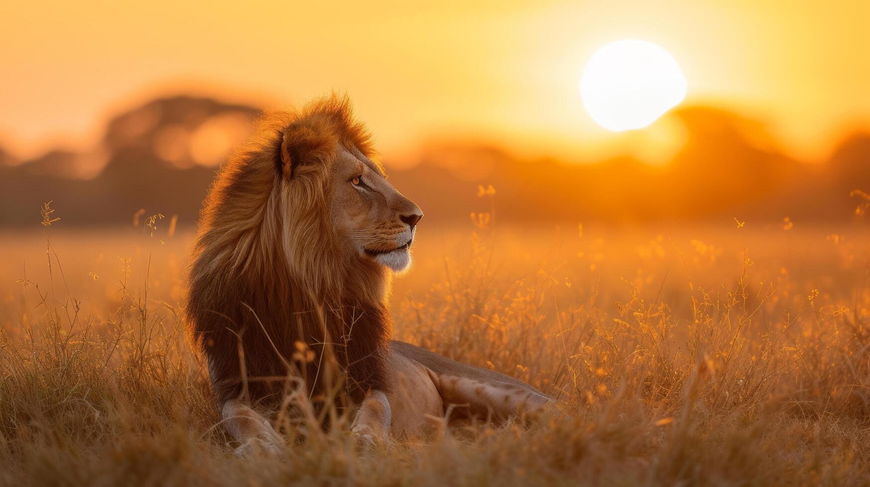 AI generated A regal lion surveying its savannah kingdom under the golden African sun photo