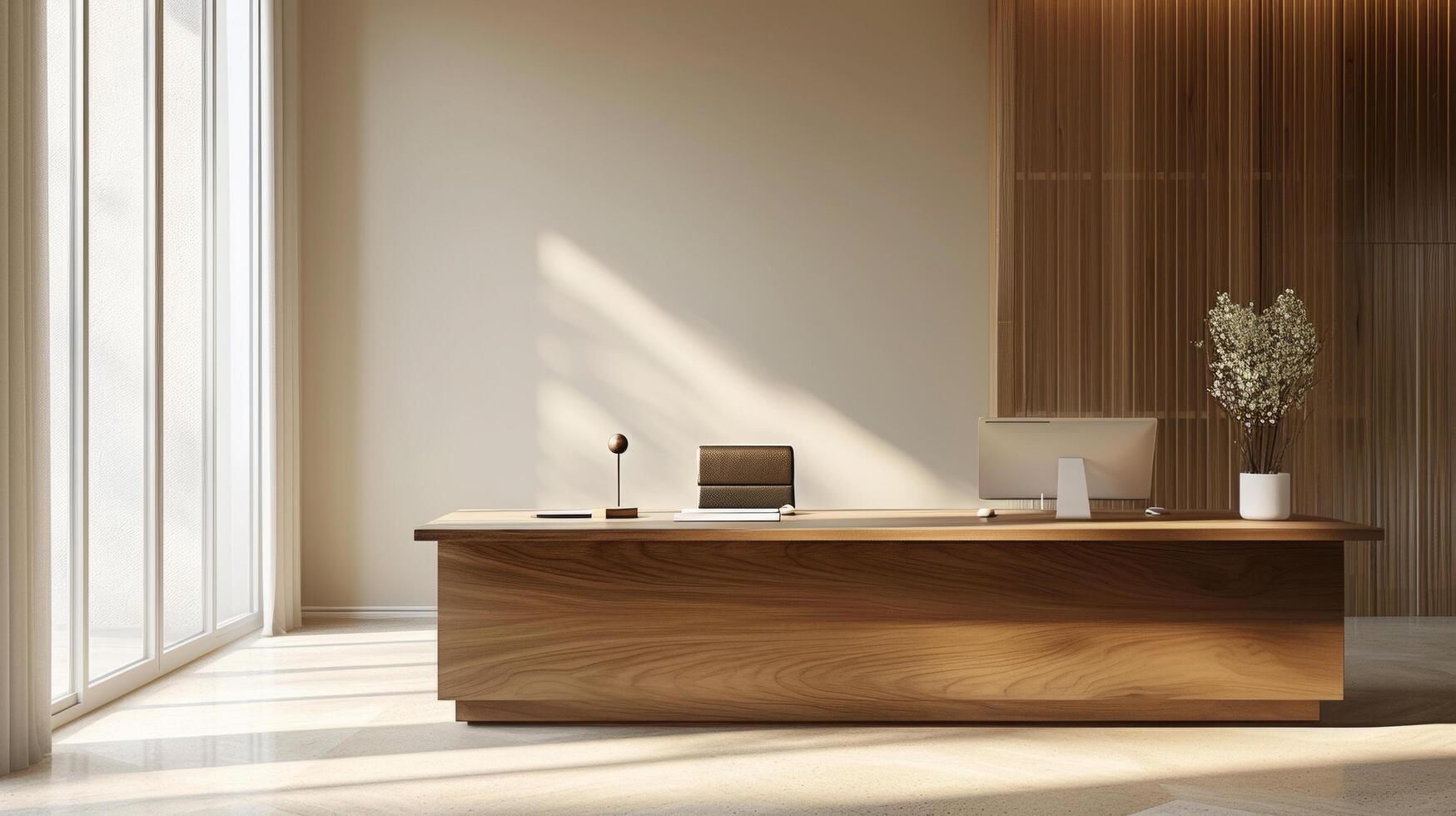 AI generated A sleek, minimalist office desk with a polished wood finish, symbolizing professionalism photo