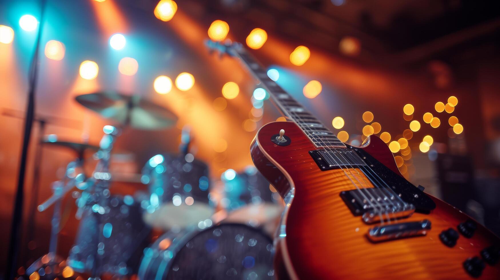 AI generated Rock n Roll Revival. Guitar fretboards, drumsticks, and stage lights in a dynamic rock concert setting photo