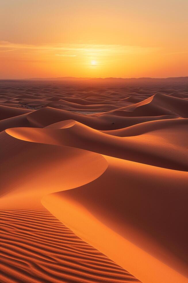 AI generated A serene desert landscape, with sand dunes stretching to the horizon under a clear sky photo