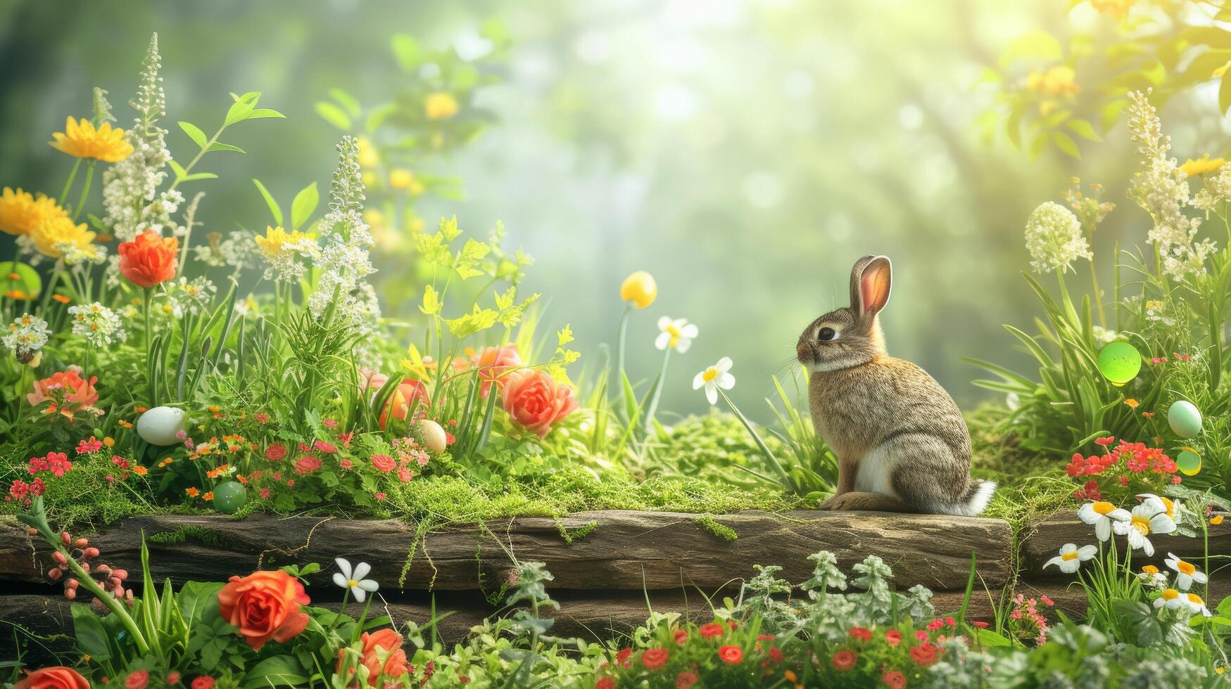 AI generated A lush garden where the Easter Bunny hides eggs for children photo