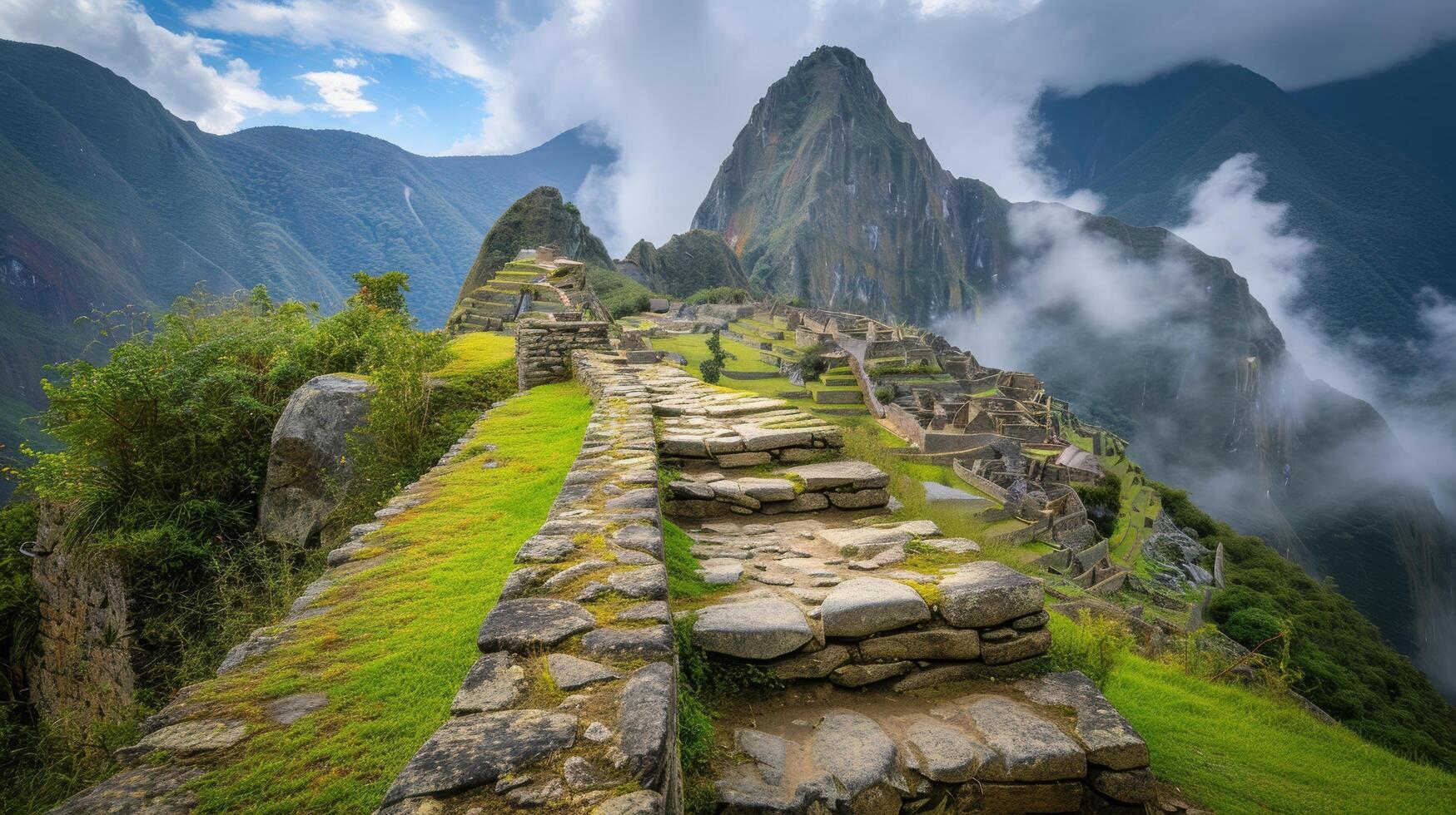 AI generated Discovering the ancient mysteries of Machu Picchu, high in the Andes Mountains photo