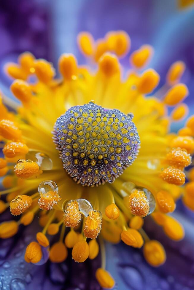 AI generated Up-close abstract flowers in yellows and purples mimic the perspective of a bee collecting nectar photo