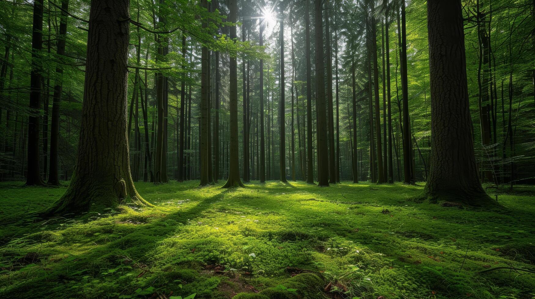 AI generated A serene moment in the heart of a tranquil forest, surrounded by towering trees photo