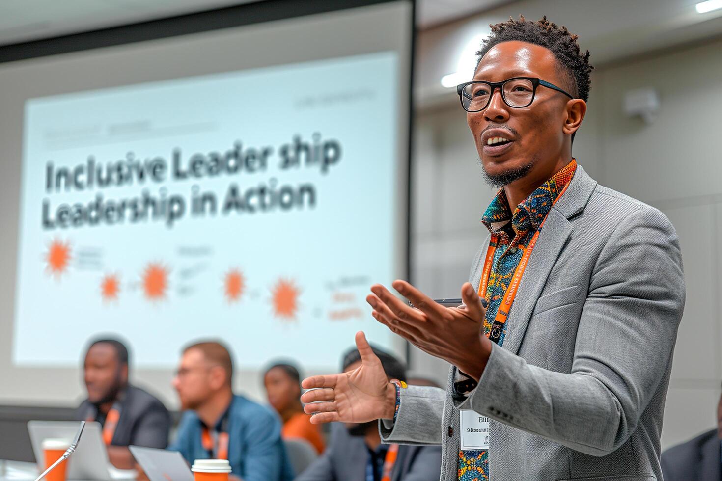 AI generated Confident African man delivering a presentation on inclusive leadership to colleagues photo