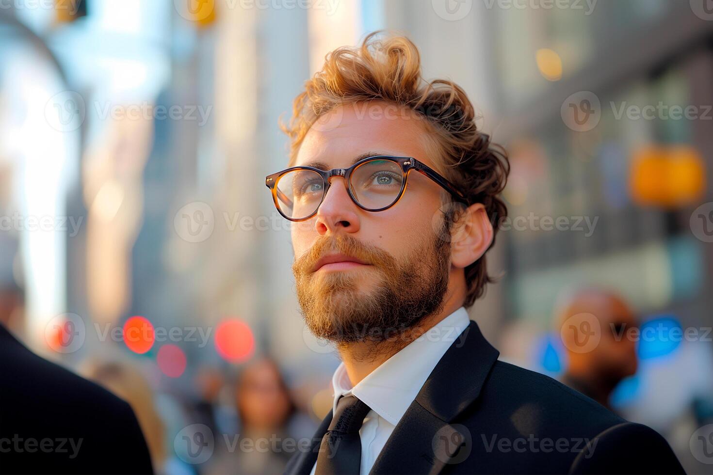 ai generado joven masculino ejecutivo en traje contemplando siguiente moverse en urbano ambiente. foto